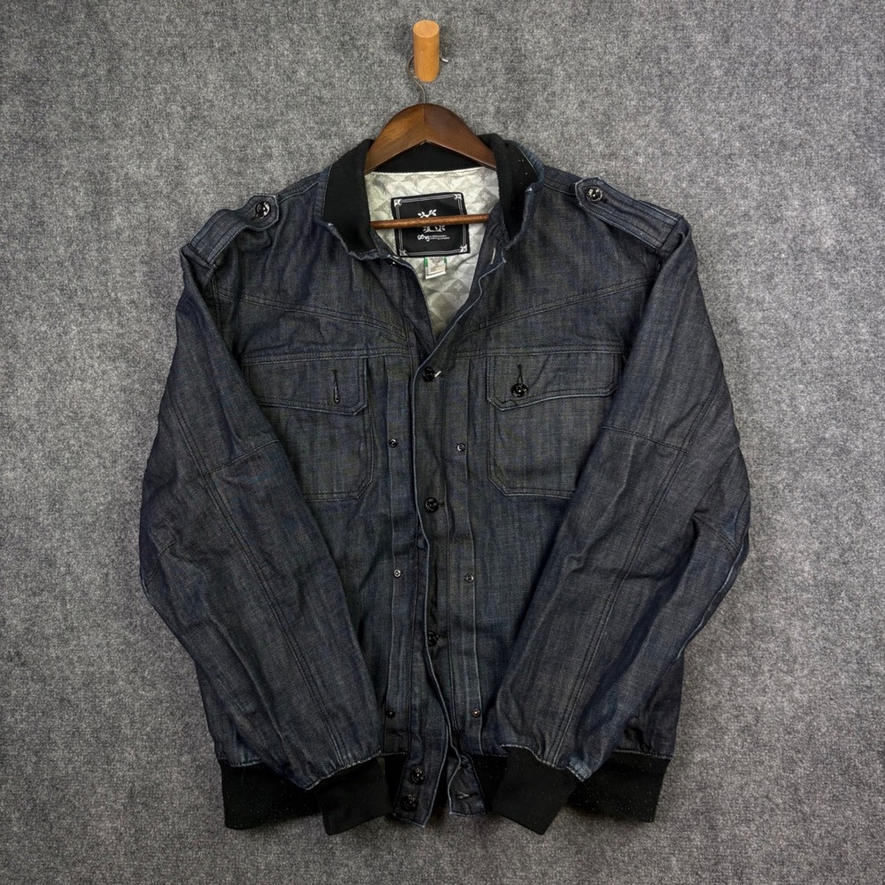 LRG Denim Bomber Jacket Mens XL Blue Dark Wash Streetwear Full Zip Trucker Coat